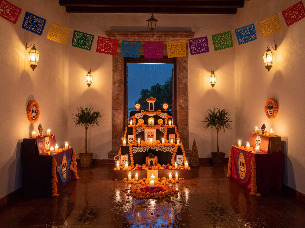 Day of Dead Altar Glowing with Candles in Santa Maria la Ribera in in a shrine lined with lanterns in Santa Maria la Ribera, Mexico City