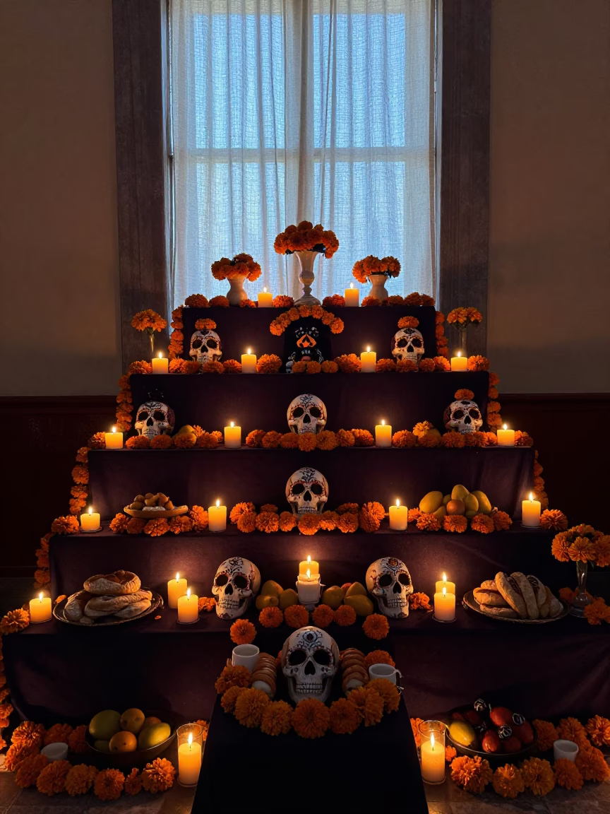 Day of Dead Altar with Hundreds of Candles in in a ceremonial hall near Puebla