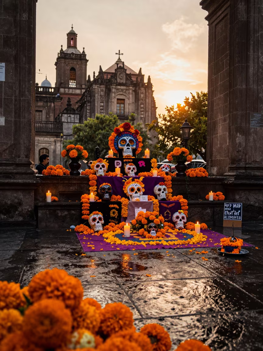 Day of the Dead Altar in Mexico City Temple in in a temple courtyard in Mexico City