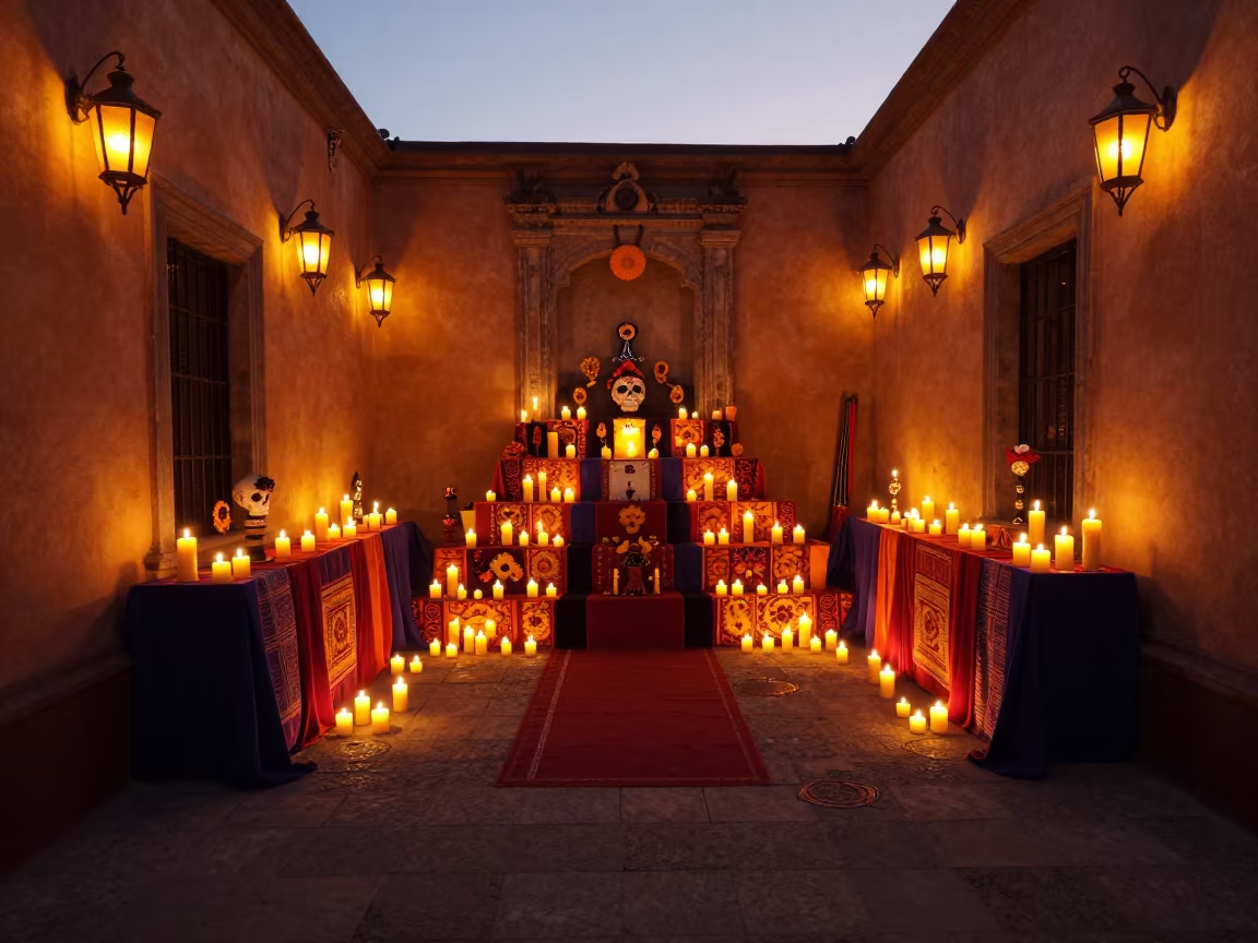Day of the Dead Altar Candles Sunset in in a shrine lined with lanterns near Guadalajara