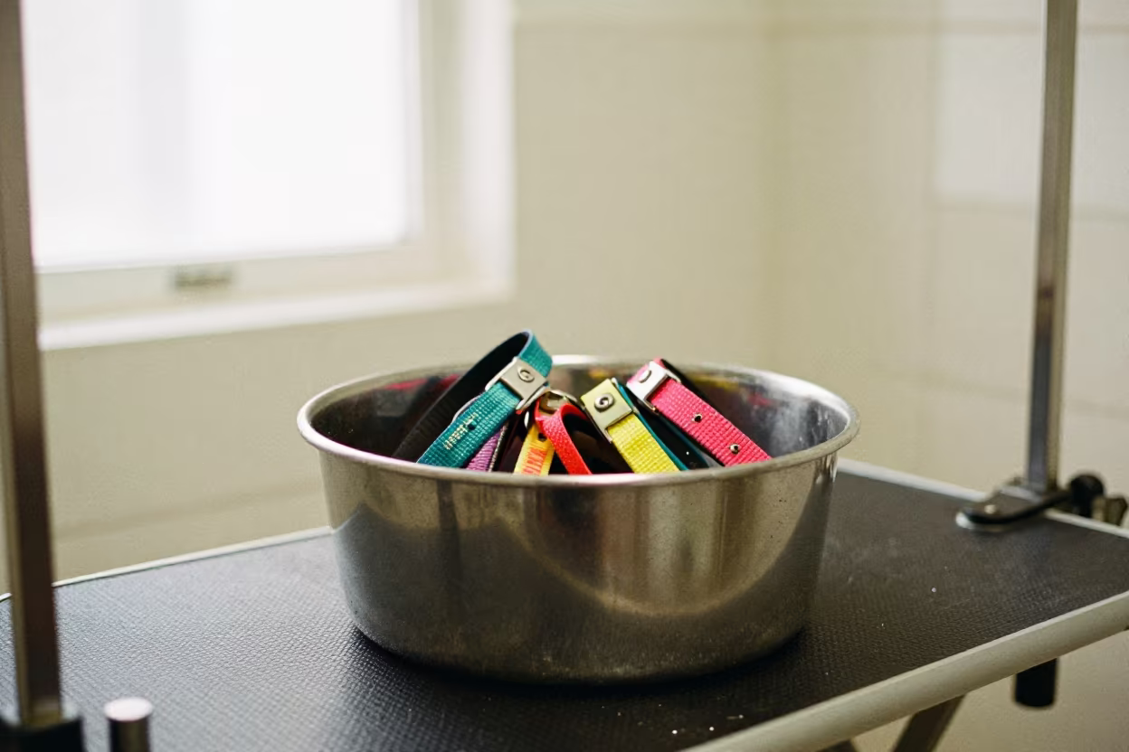 Daycare Pickup Collar Bin in Montreal Bay in inside a grooming bay in Old Montreal, Montreal