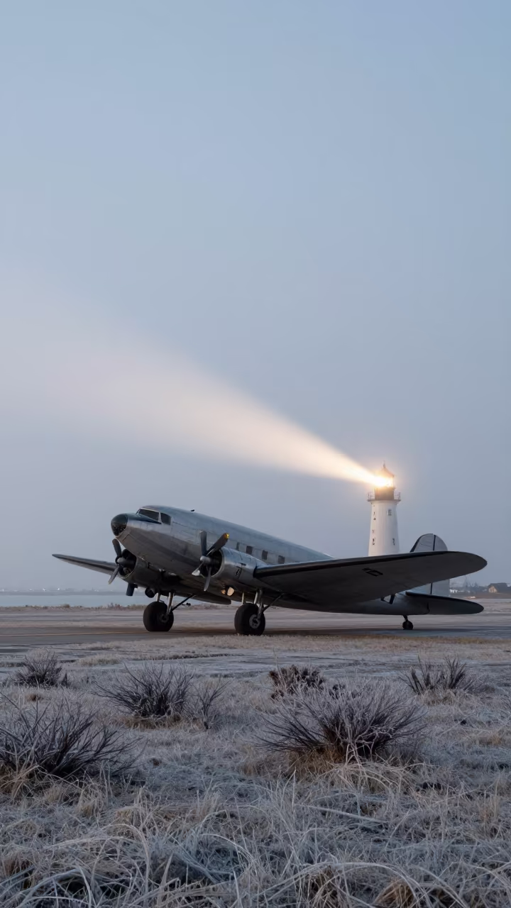 DC-3 on Foggy Utah Airstrip at Dawn in beside a fogbound harbor mouth in Utah