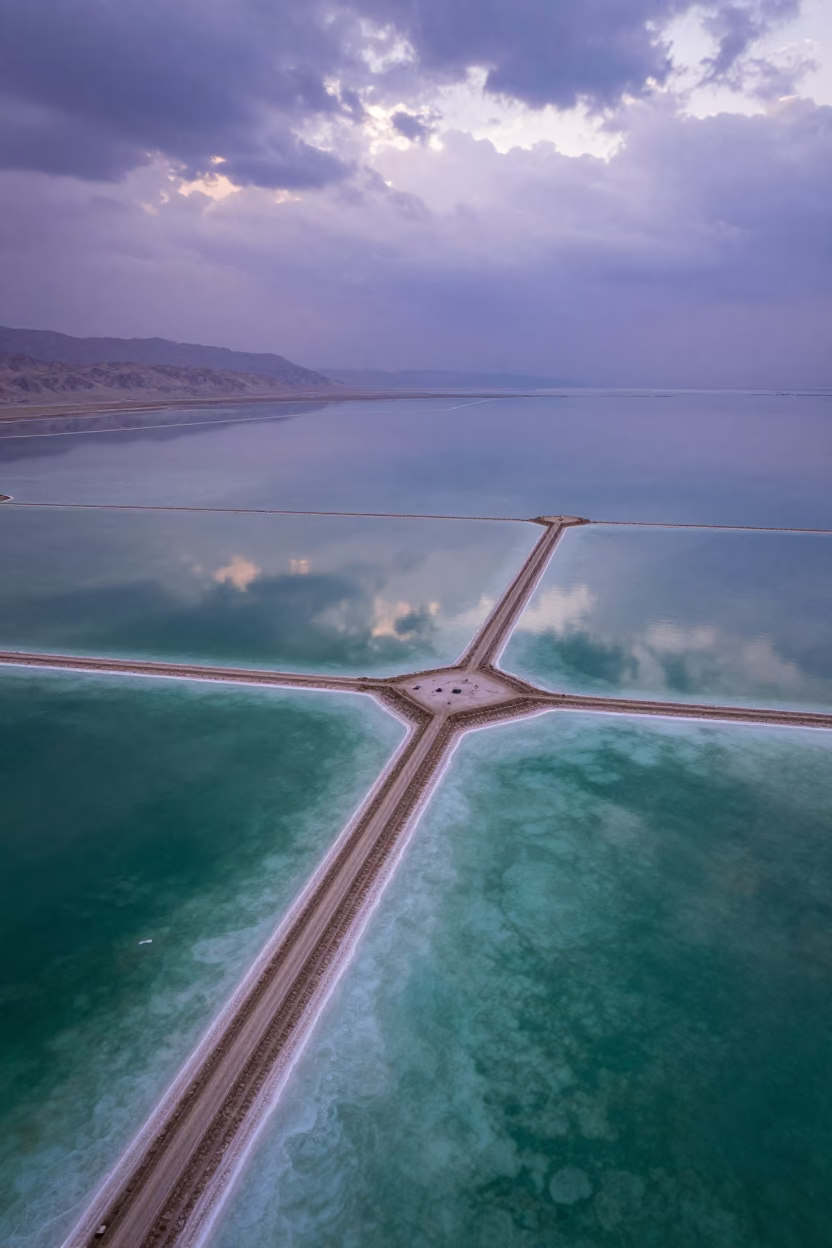Dead Sea Salt Ponds Reflecting Dramatic Sky in high over salt ponds and causeways in the Dead Sea