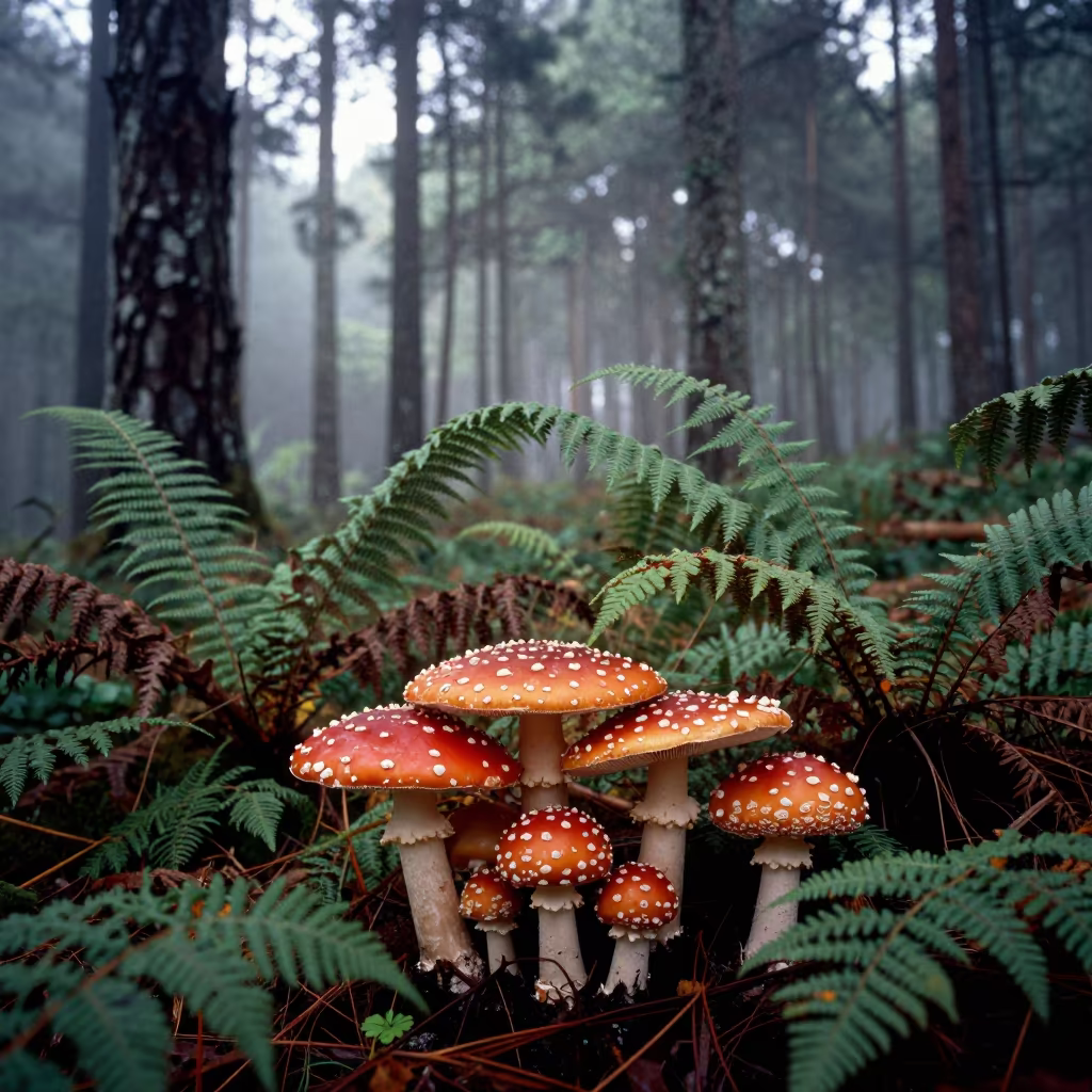 Deadly Amanitas in Ugandan Pine Forest in on a fern-lined forest floor in Uganda