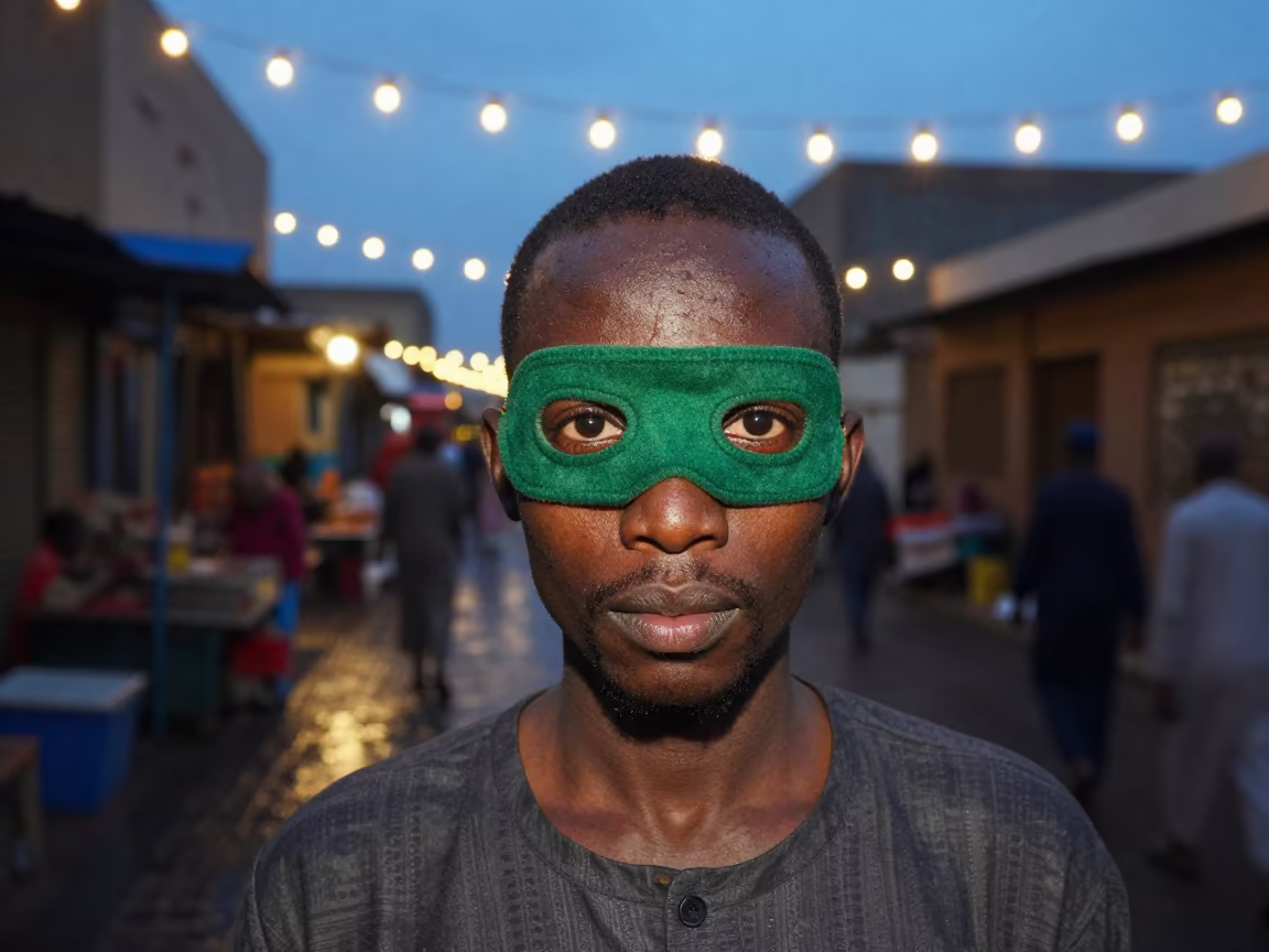 Dealer's Eyes Under String Lights in Touba Evening in along a market lane in Touba