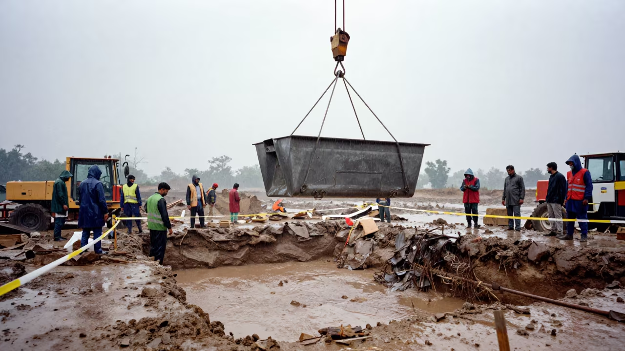 Debris Pan Hoist at Rainy Construction Site Pakistan in inside a taped-off excavation edge in Pakistan
