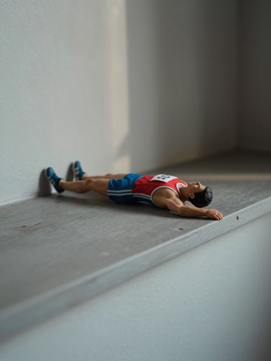 Decathlete Collapsing on Ledge in Chittoor in on a painted display ledge in Chittoor