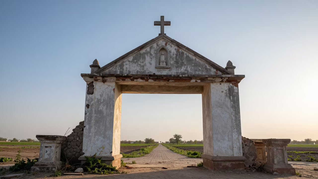 Decayed Icon Shelf Amid Ruins at Sunset in among toppled columns and nettles near Jaranwala