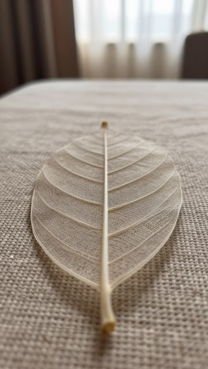 Decayed Leaf Skeleton on Linen in Haikou in against woven linen fibers in Haikou