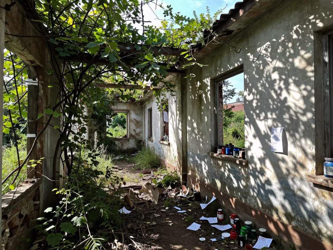 Decaying Artist Studio Ruin in Vine Choked Corridor in along a vine-choked corridor near Cúa