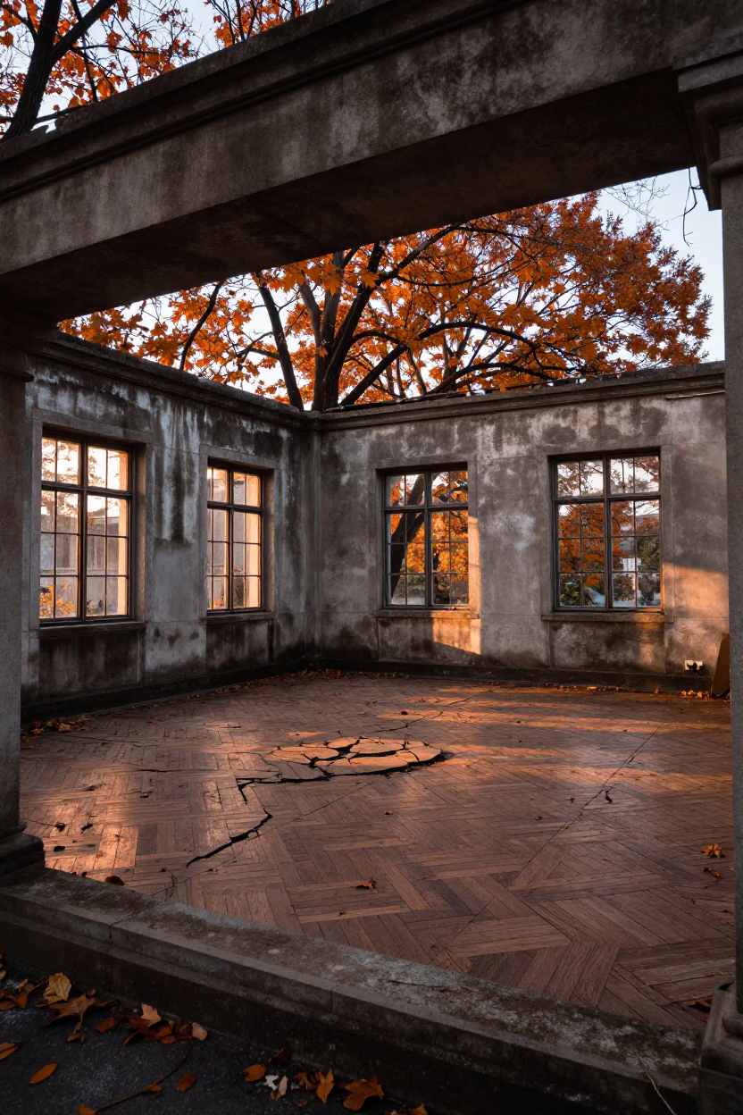 Decaying Ballroom Ruin Hiroshima Trees Parquet in inside a roofless nave near Hiroshima