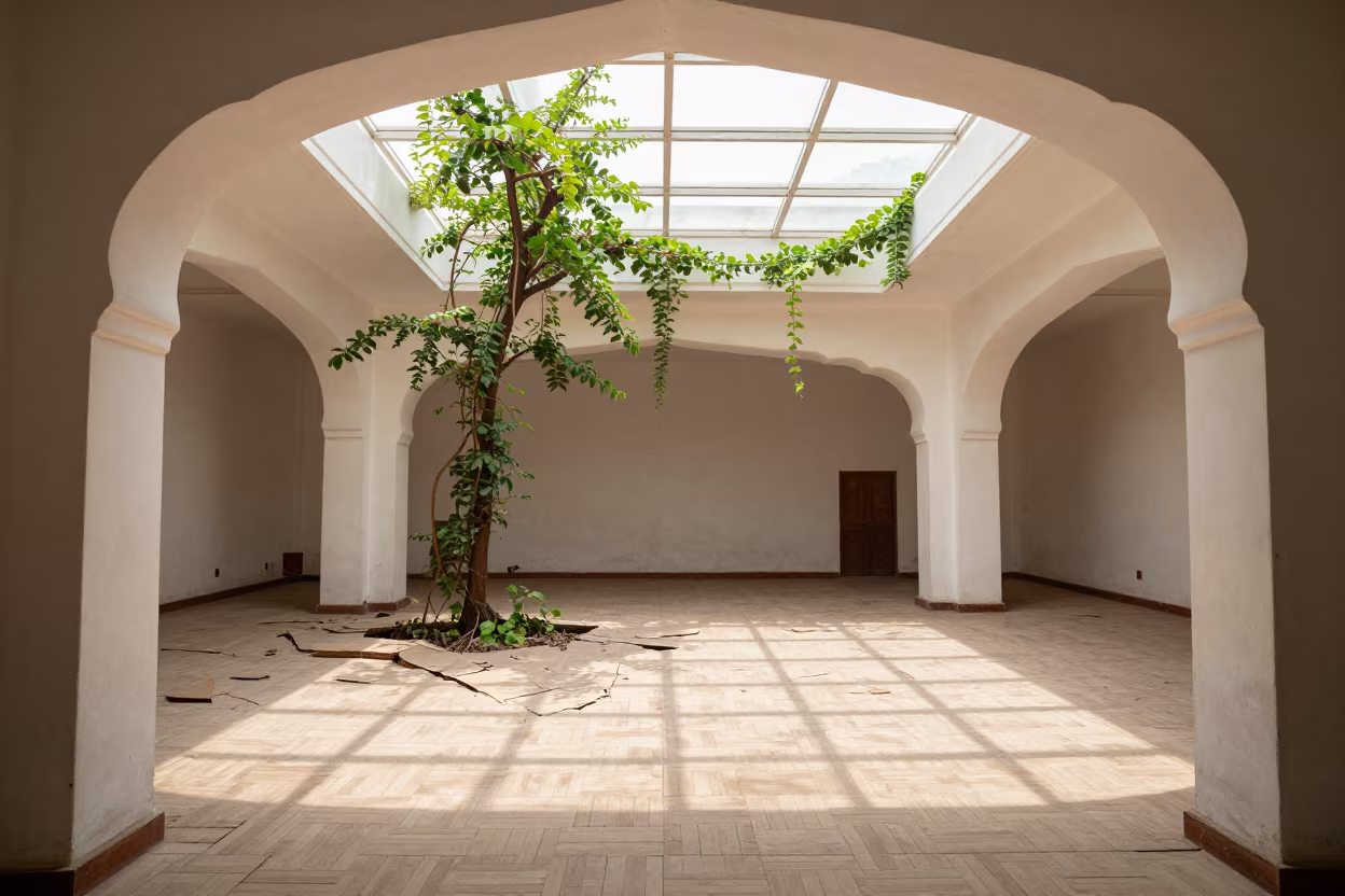 Decaying Ballroom Ruin Trees Through Parquet in along a vine-choked corridor in Punjab