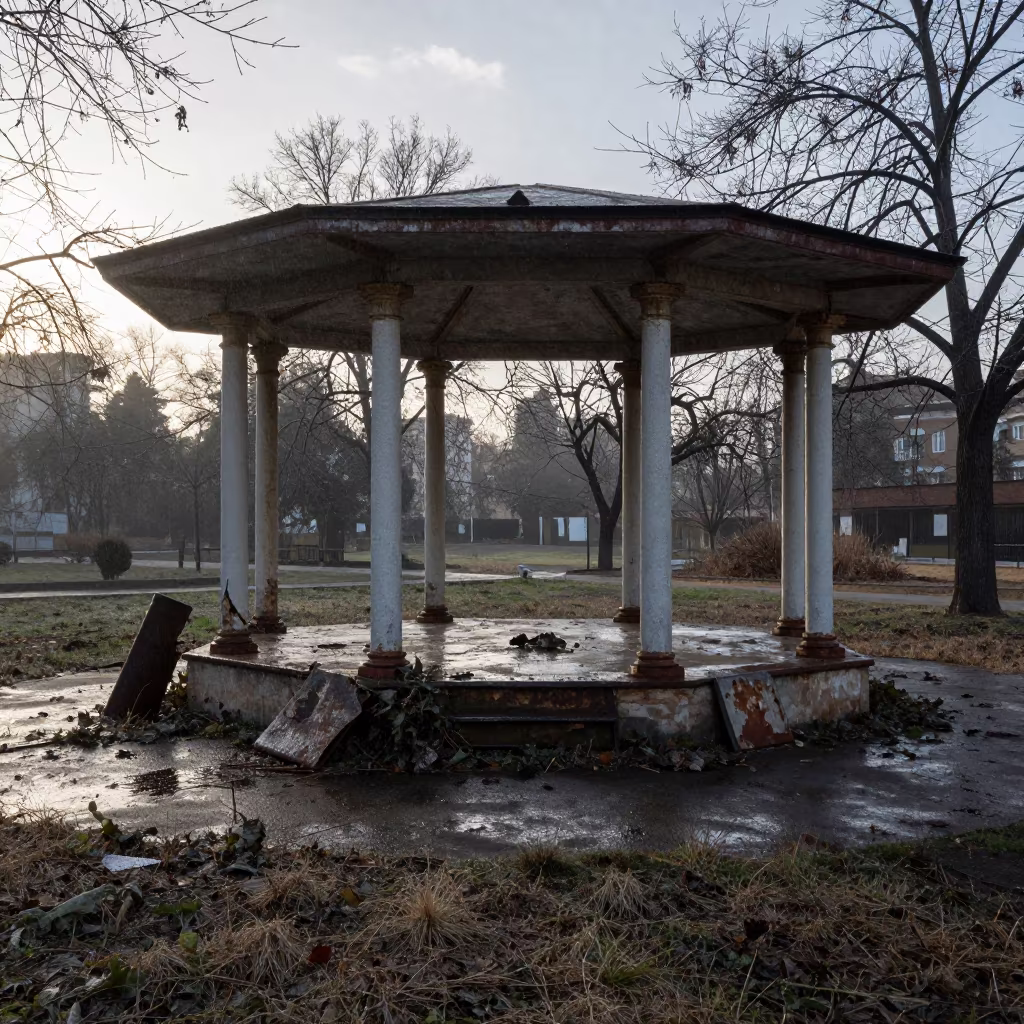 Decaying Bandstand Amidst Nettles Before Dawn in among toppled columns and nettles near Bordj Bou Arreridj