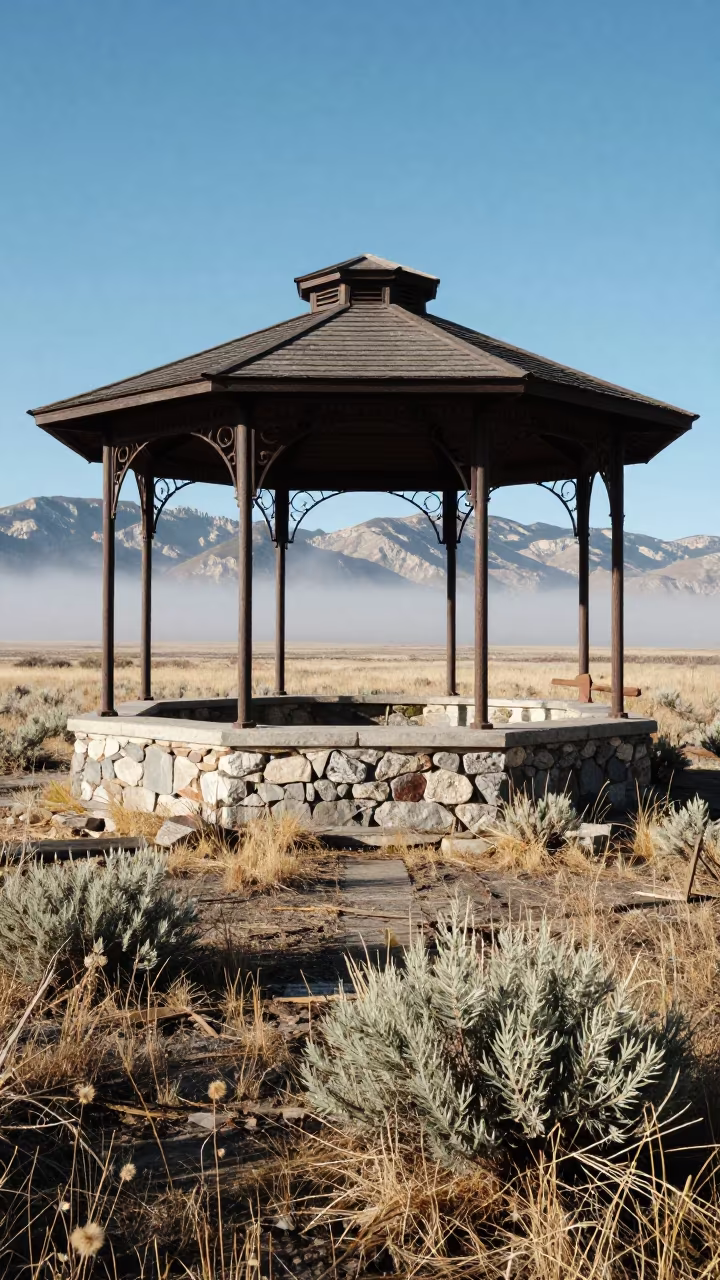 Decaying Bandstand in Roofless Hammam Wyoming in inside a roofless hammam in Wyoming