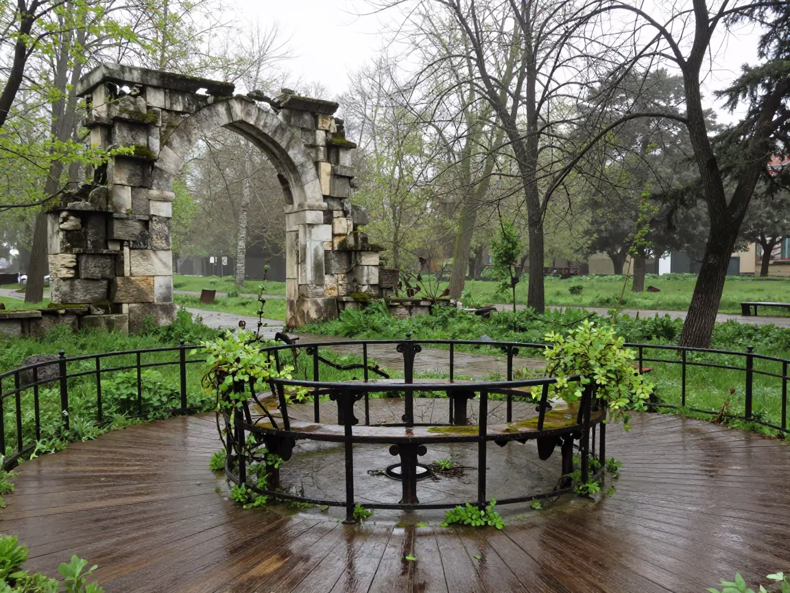 Decaying Bandstand Beneath Stone Arch Najaf in beneath a broken stone arch near Najaf