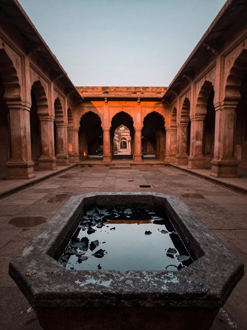 Decaying Basin Among Ruined Cloisters in among collapsed cloisters in Madhya Pradesh