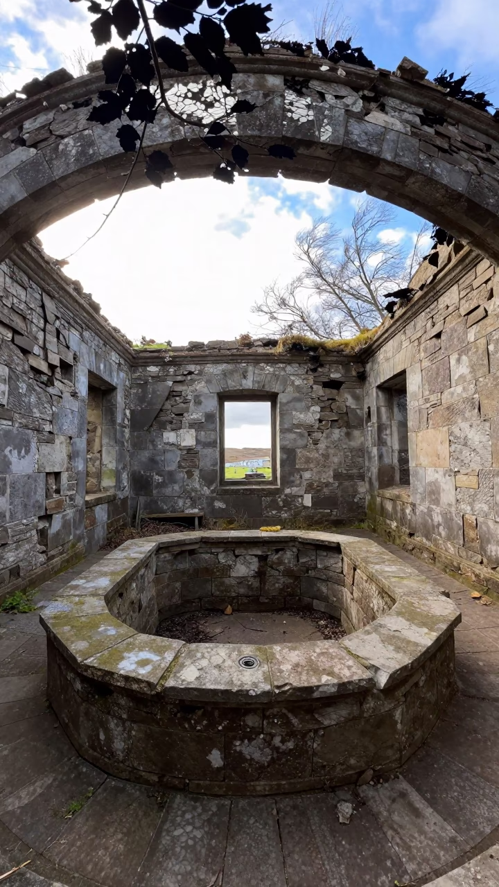 Decaying Bathhouse Basin Under Stone Arch in beneath a broken stone arch in the Scottish Isles