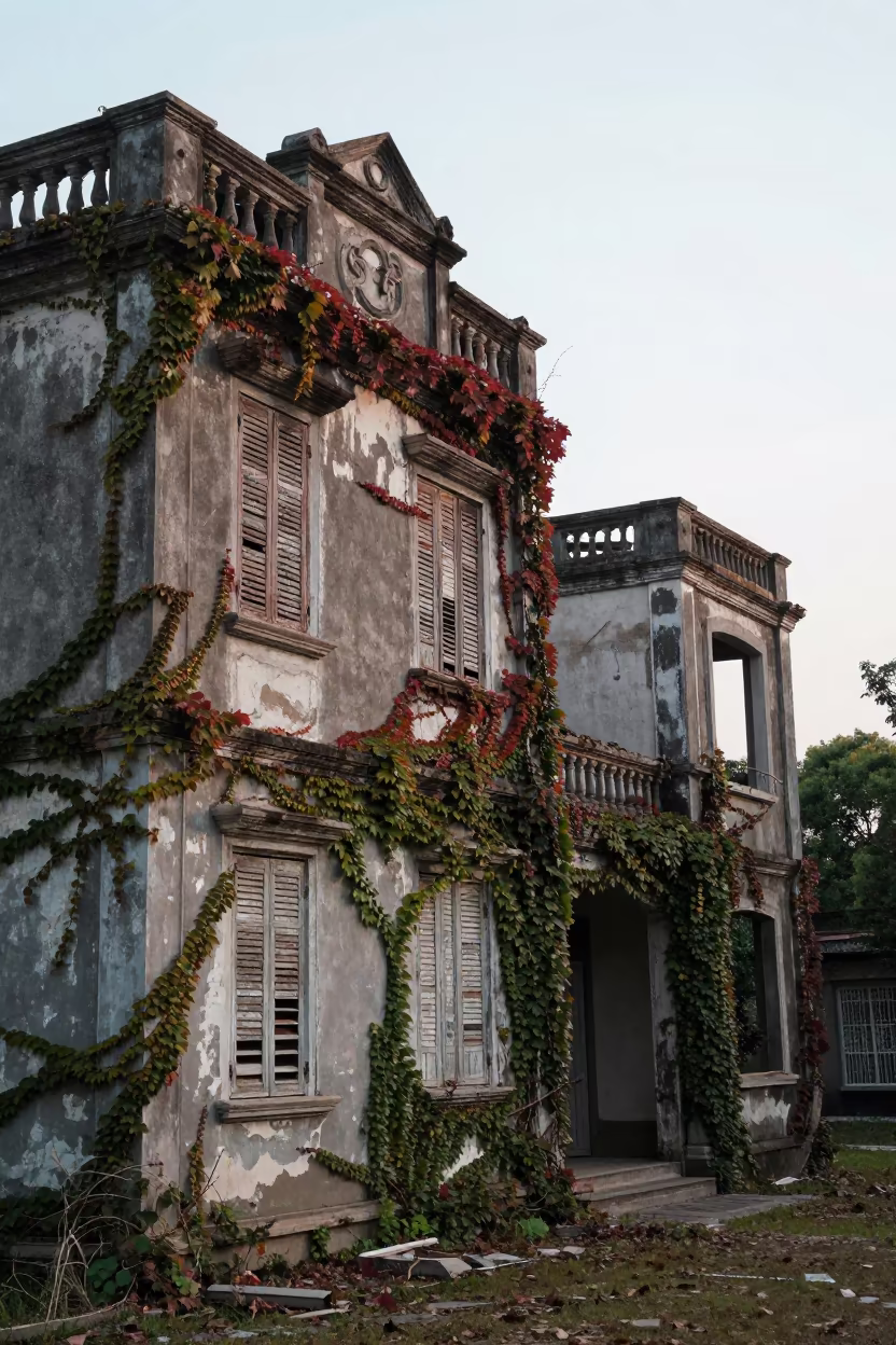 Decaying French Villa with Ivy in Jiangsu Ruin in beside ivy-draped masonry in Jiangsu