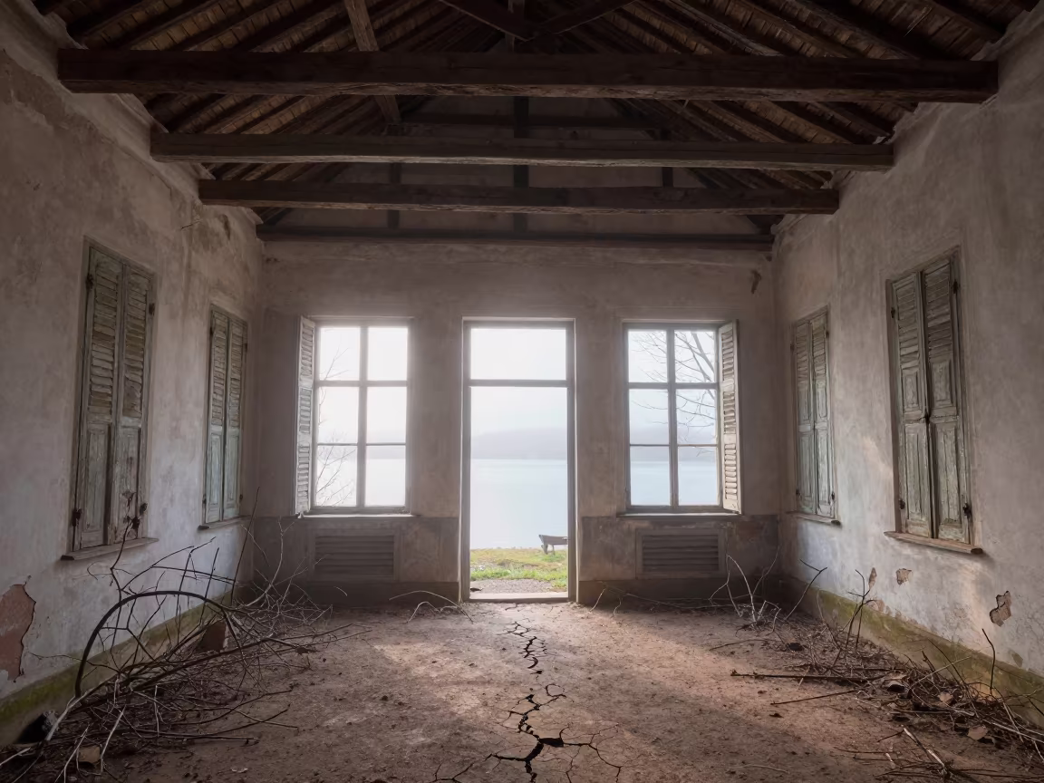 Decaying French Villa Ruin in Estonian Mist in inside a roofless nave in Estonia