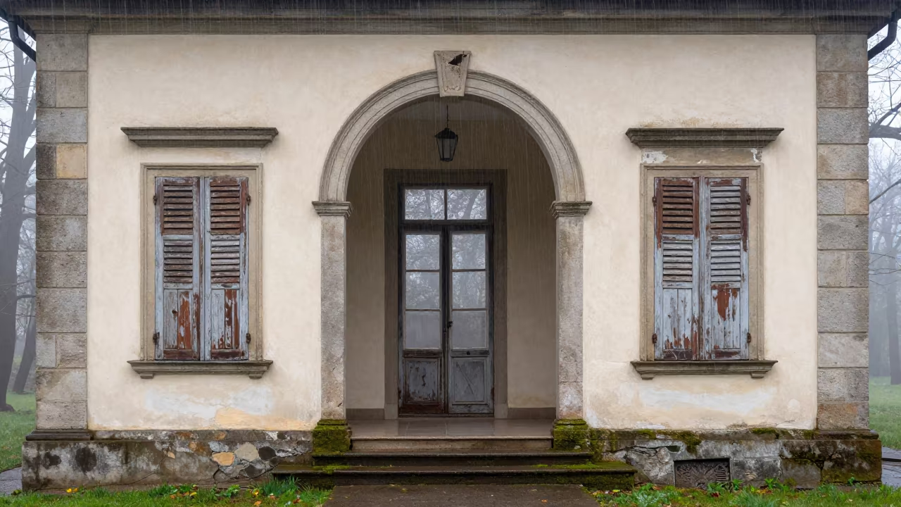 Decaying French Villa Ruin in Misty Spring Rain in beneath a broken stone arch near Katowice
