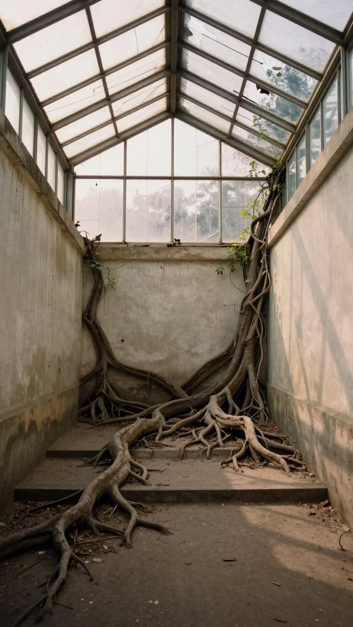 Decaying Greenhouse Nave Split by Fig Roots in Johannesburg in inside a stair hall open to the weather in Johannesburg