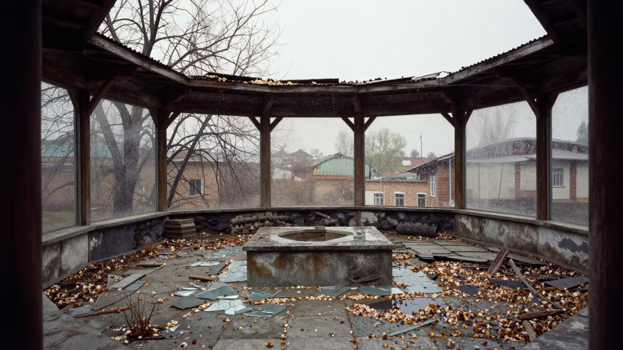 Decaying Hammam Floor Buried in Petals and Glass in inside a roofless hammam near Orsk