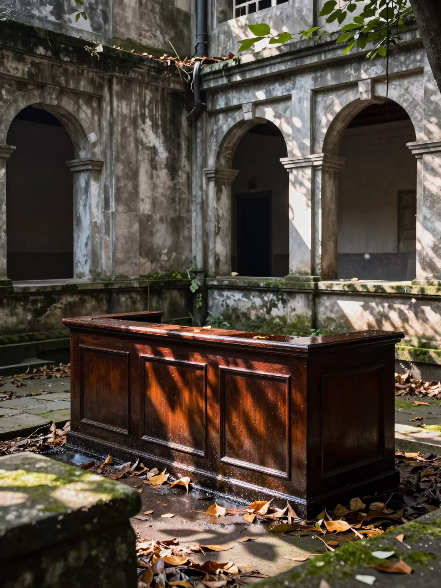 Decaying Judge's Bench in Chongqing Cloister Ruins in among collapsed cloisters near Chongqing