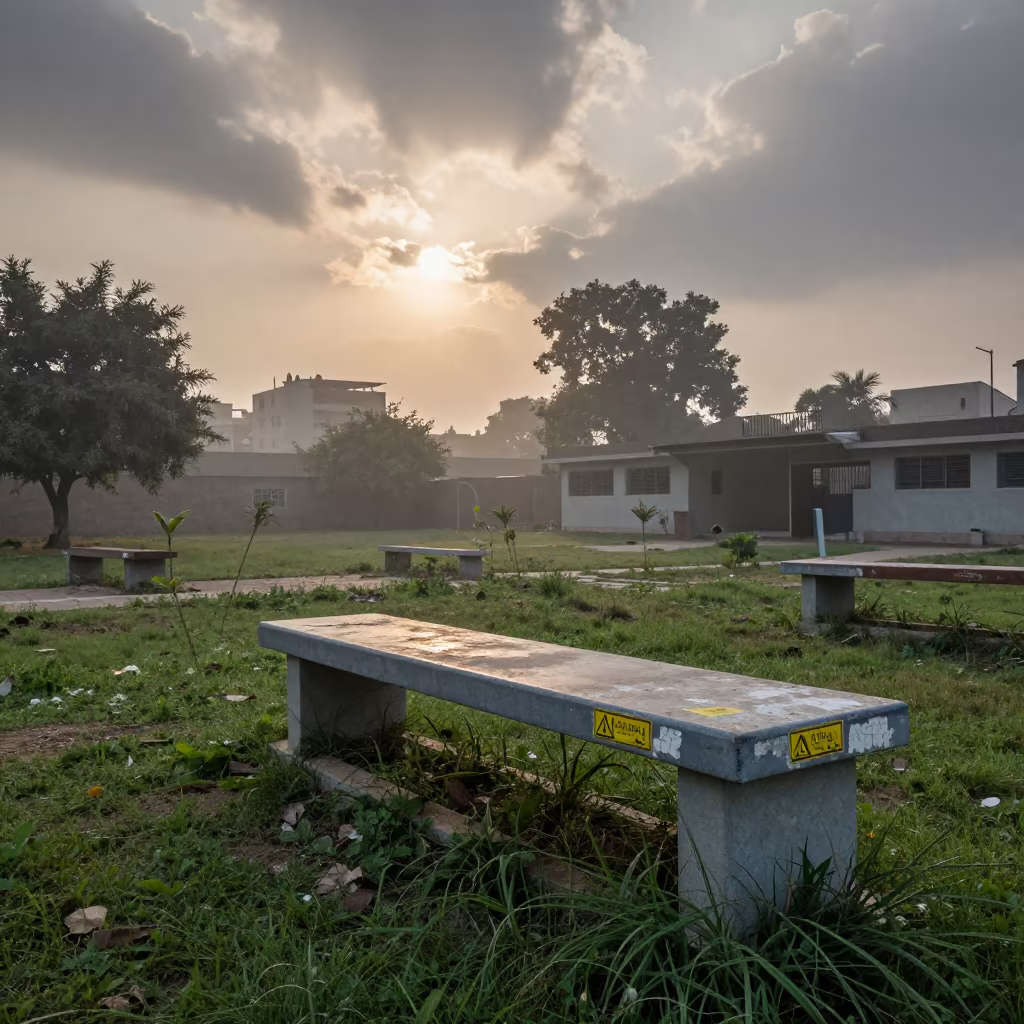 Decaying Lab Bench in Faisalabad Courtyard Dawn in through a courtyard reclaimed by grasses near Faisalabad