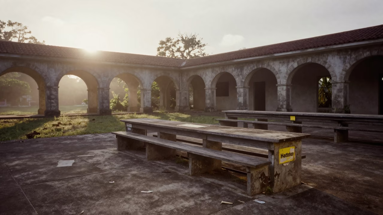 Decaying Lab Bench in Seychelles Court in through an abandoned ceremonial court near Victoria Seychelles