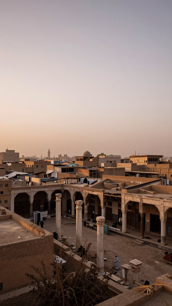 Decaying Market Hall Amidst Nettles and Columns in among toppled columns and nettles near Sana'a