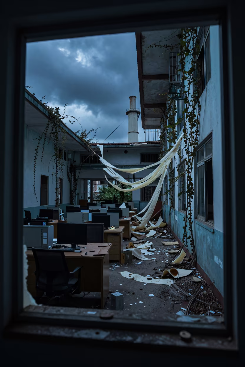 Decaying Mill Office in Hong Kong Evening Ruins in along a vine-choked corridor near Hong Kong