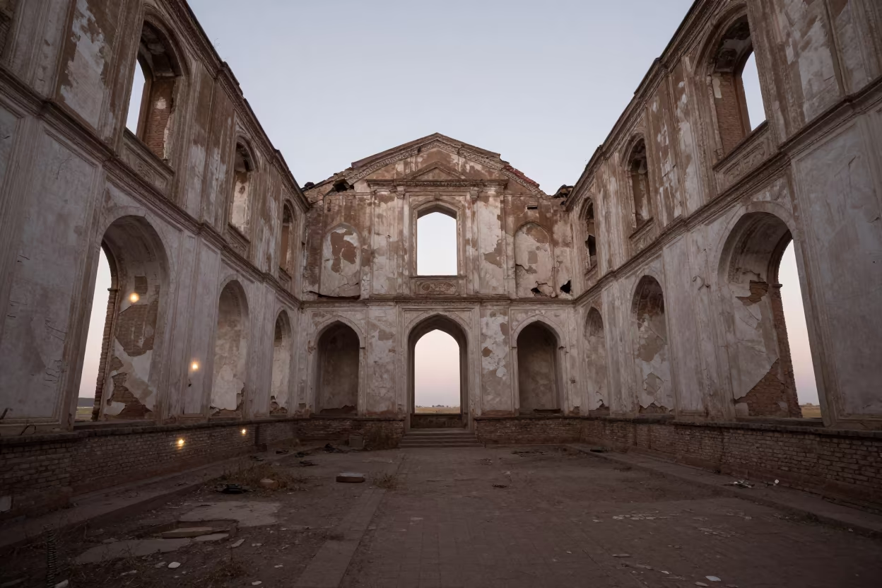 Decaying Monastery Ruin with Prayer Niches at Dawn in inside a quiet cloister passage in Semey