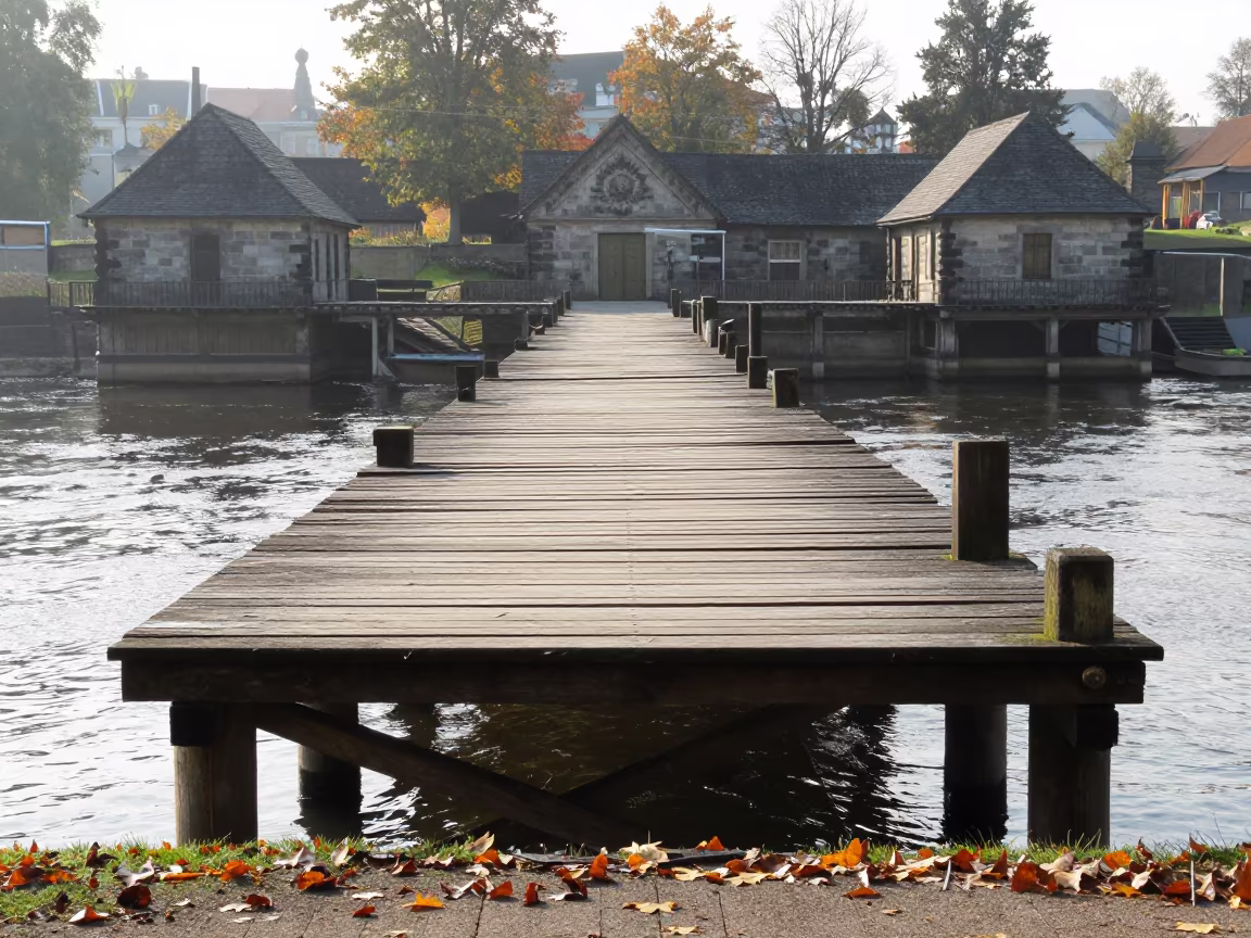 Decaying Pier Over Water in Dresden Ruins in among roofless stone chambers near Dresden