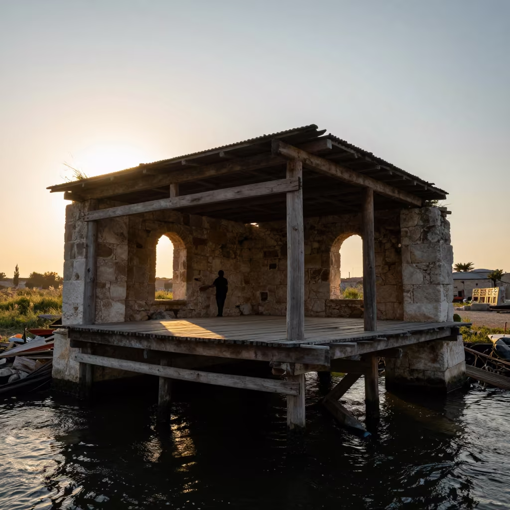 Decaying Pier Silhouette Golden Hour Hammam in inside a roofless hammam in United Kingdom