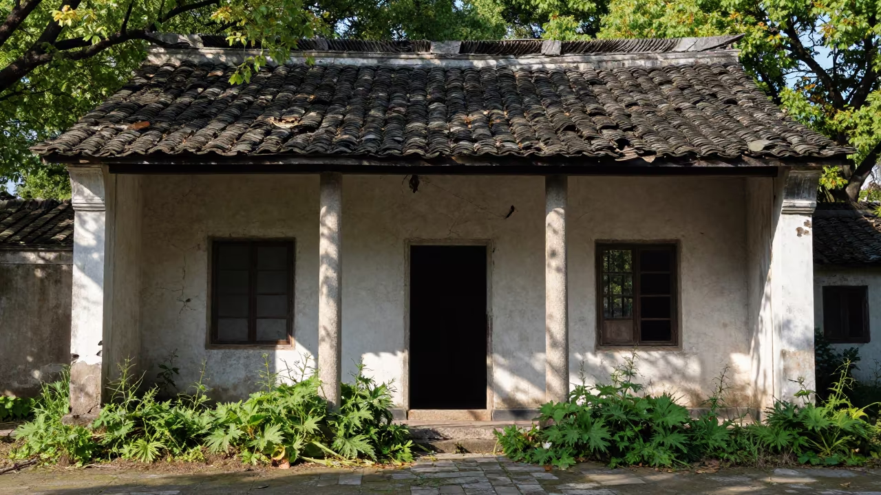 Decaying Station House Amid Ruins and Nettles in among toppled columns and nettles in Zhejiang
