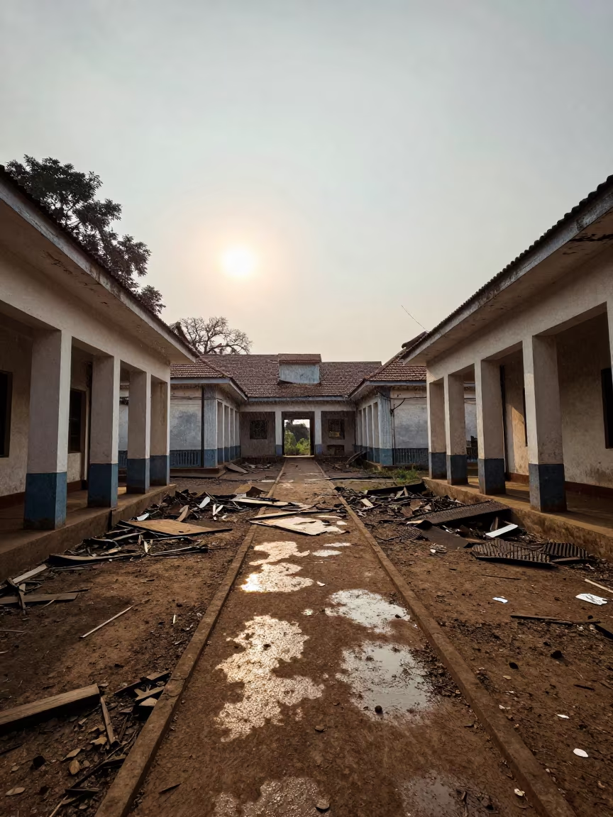 Decaying Station House Ruins Kinshasa in among collapsed cloisters near Kinshasa