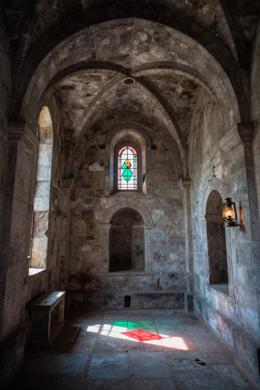 Decaying Stone Monastery Chapel With Stained Light in inside a stone chapel in Guéckédougou