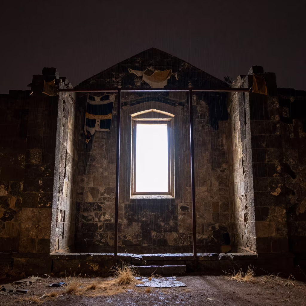 Decaying Textile Hall Ruin Night Rim Light in among roofless stone chambers near Asmara