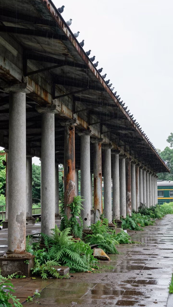 Decaying Train Shed Amid Nettles in Jiangxi in among toppled columns and nettles in Jiangxi