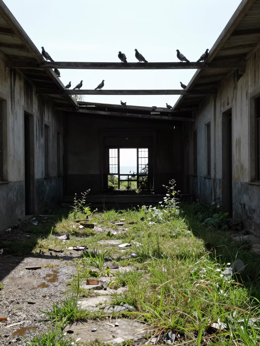 Decaying Train Shed Pigeons Midday Light in through a courtyard reclaimed by grasses in Liguria