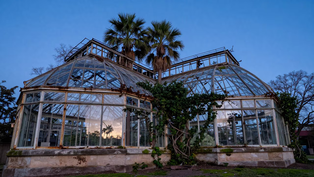 Decaying Victorian Glasshouse with Palm Trees in along a vine-choked corridor in Texas