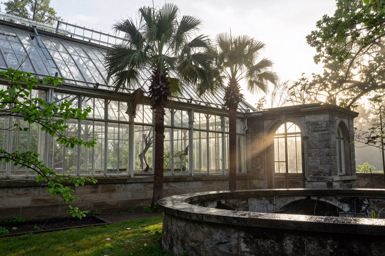 Decaying Victorian Glasshouse Ruins Near Missoula in among roofless stone chambers near Missoula