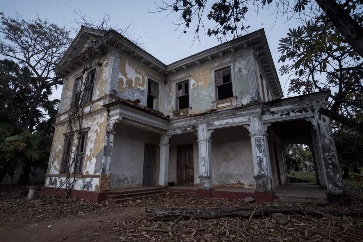 Decaying Victorian Mansion Honduras Ruin in along a vine-choked corridor in Honduras