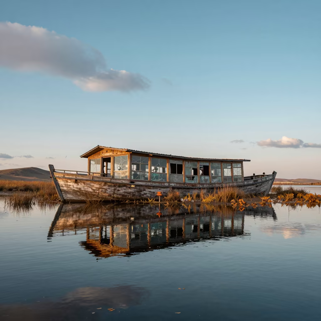 Decaying Yacht Club on Autumn Ferry Crossing in across a remote ferry crossing in Inner Mongolia