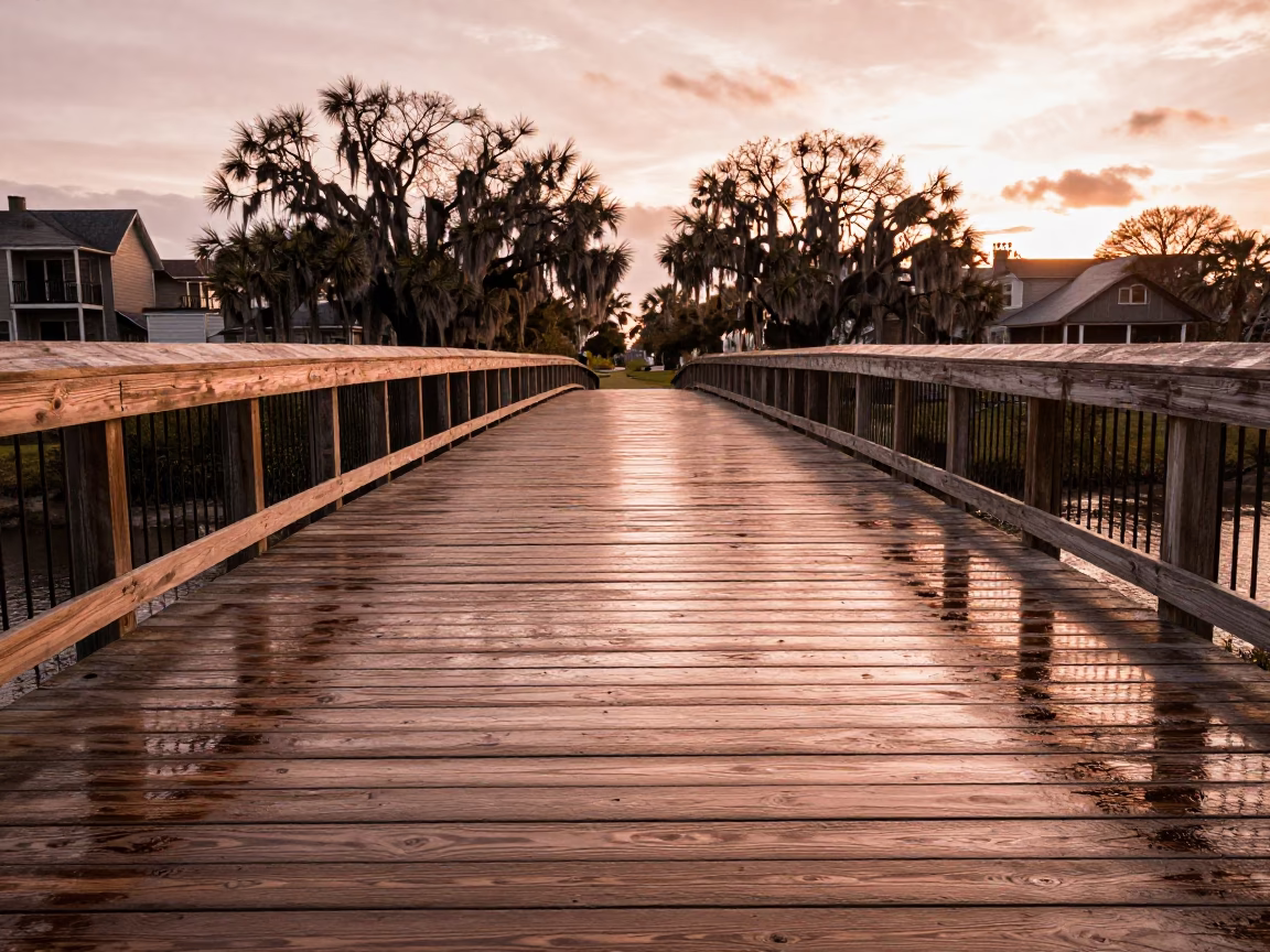 Deck Lacquered in Charleston at Copper-toned Light Before Dusk in in Charleston, South Carolina, United States