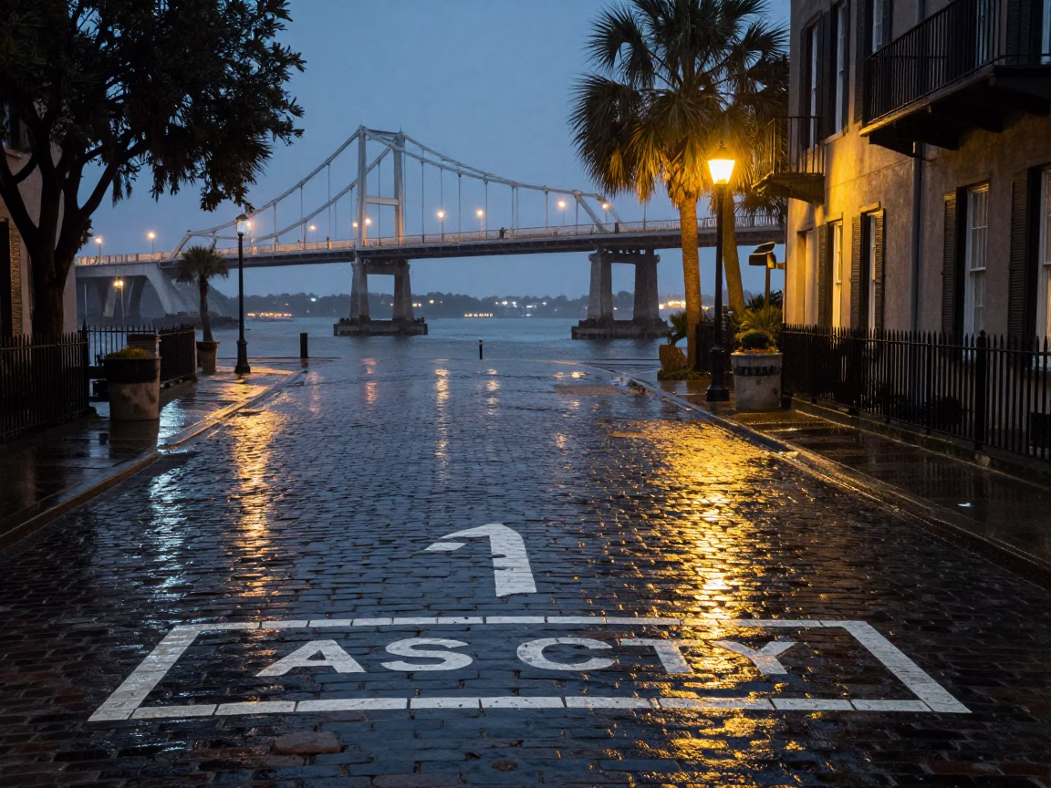 Deck Markings in Charleston at As City Lights Begin To Glow in in Charleston, South Carolina, United States