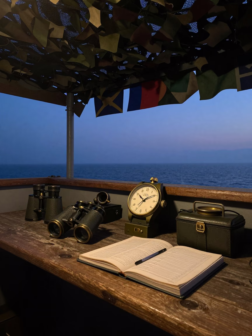 Deck Watch Gear Under Camouflage Net at Dusk in beneath a camouflage net shelter near Nakazakicho, Osaka