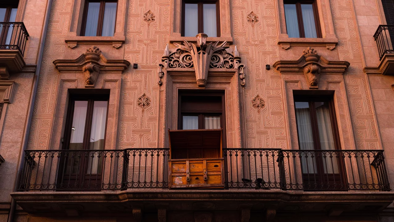 Deco Facade in Barcelona at Copper-toned Light Before Dusk in in Barcelona, Spain