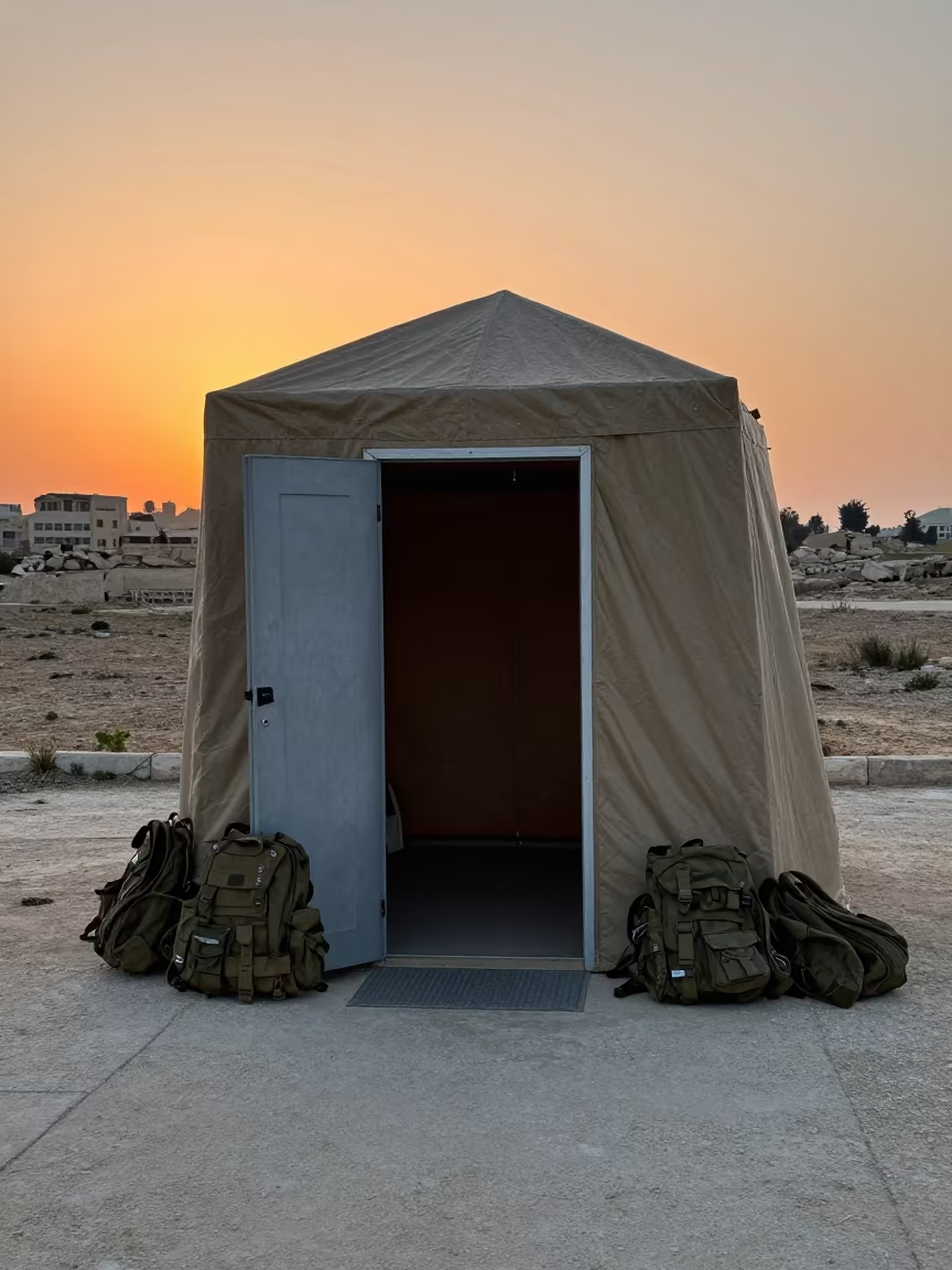 Decontamination Tent Entry in Lebanese Spring Light in beside a convoy halt on open ground in Lebanon