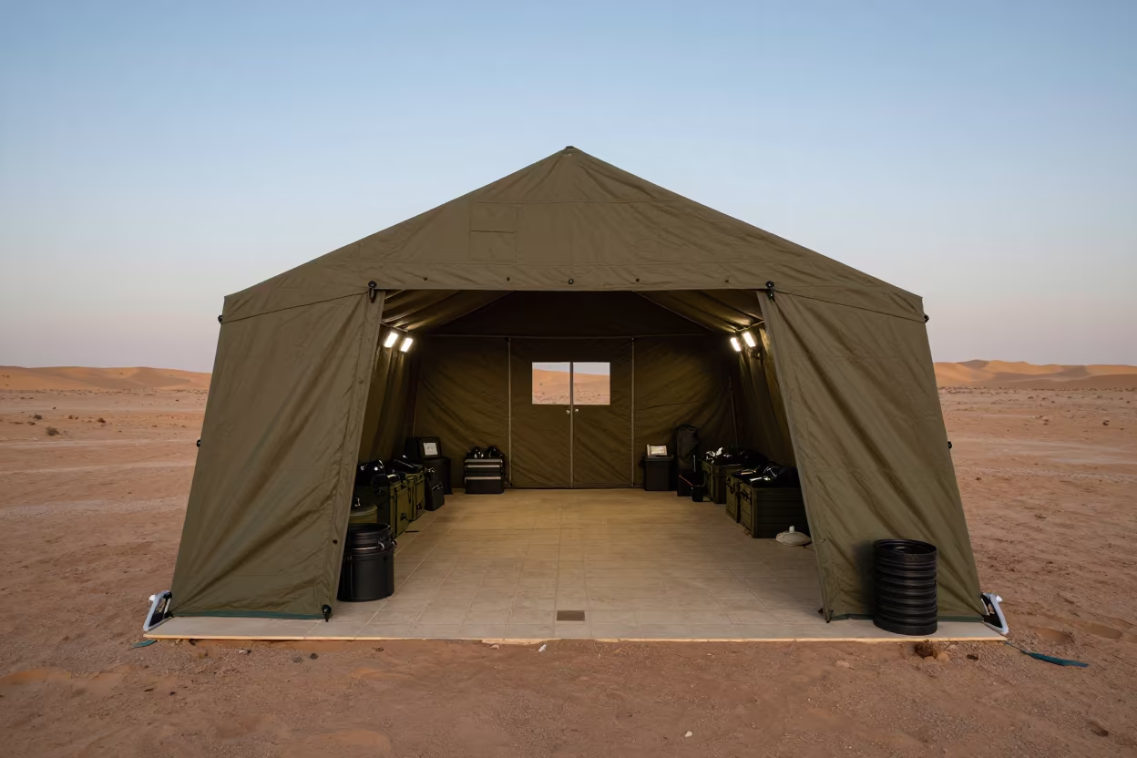 Decontamination Tent Surreal Floor Transition in beside a convoy halt on open ground near Bordj Bou Arreridj